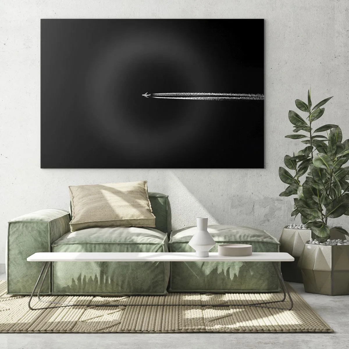 Impression sur verre - Image sur verre - Un avion à réaction sur fond noir avec une traînée de condensation - 70x50cm - Dans une autre dimension - Décoration murale moderne pour le salon et la chambre ARTTOR