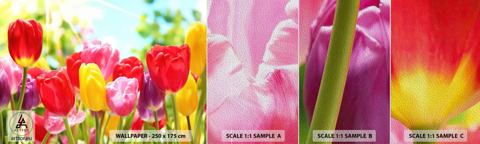 Échantillon de Papier Peint Premium Sand - C'est nous, les couleurs de Mai! - Fleurs, Tulipes, Jardin - 100x30 cm