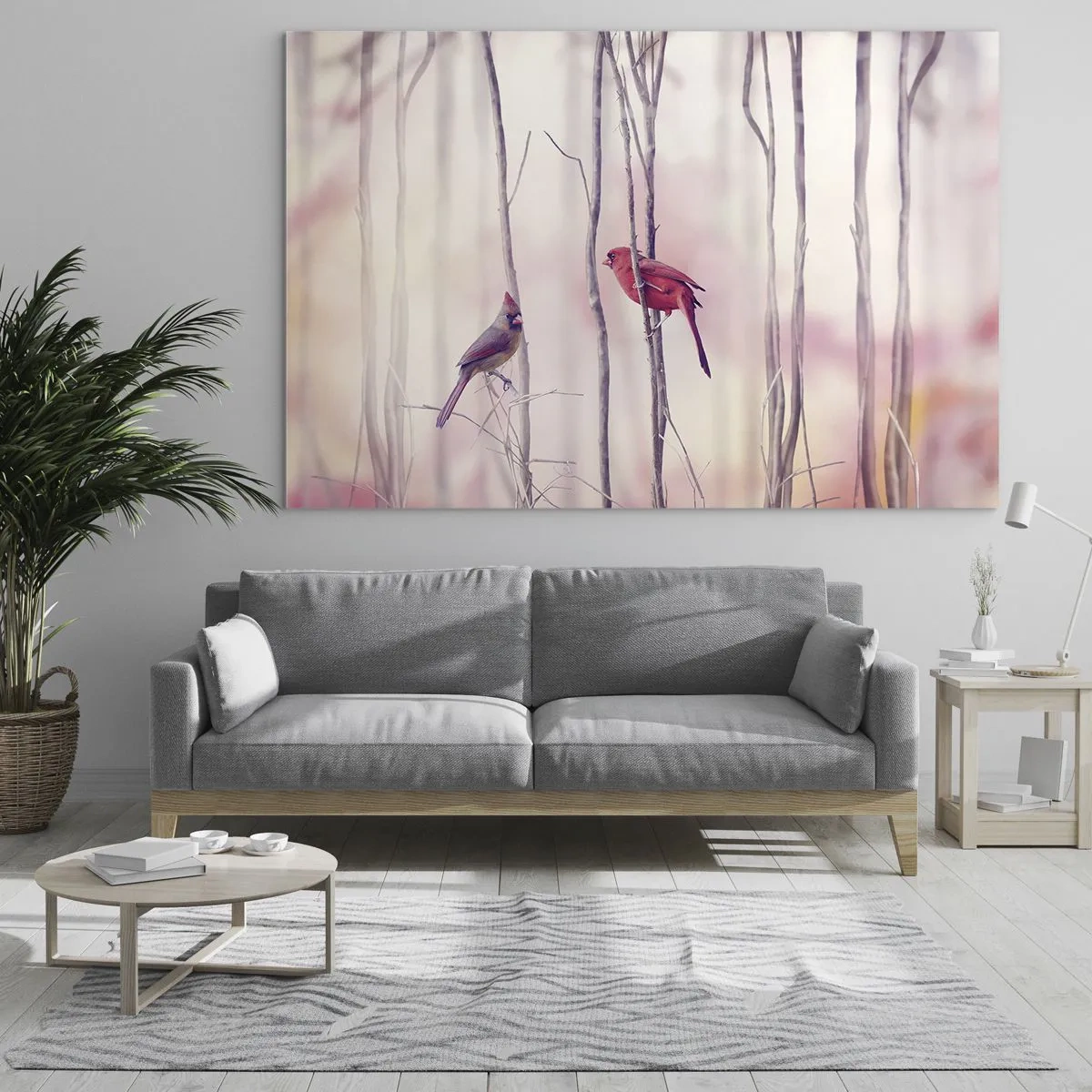 Impression sur verre - Image sur verre - Deux oiseaux parmi des brindilles délicates aux tons pastel - 120x80cm - Conte de la forêt rose - Décoration murale moderne pour le salon et la chambre ARTTOR