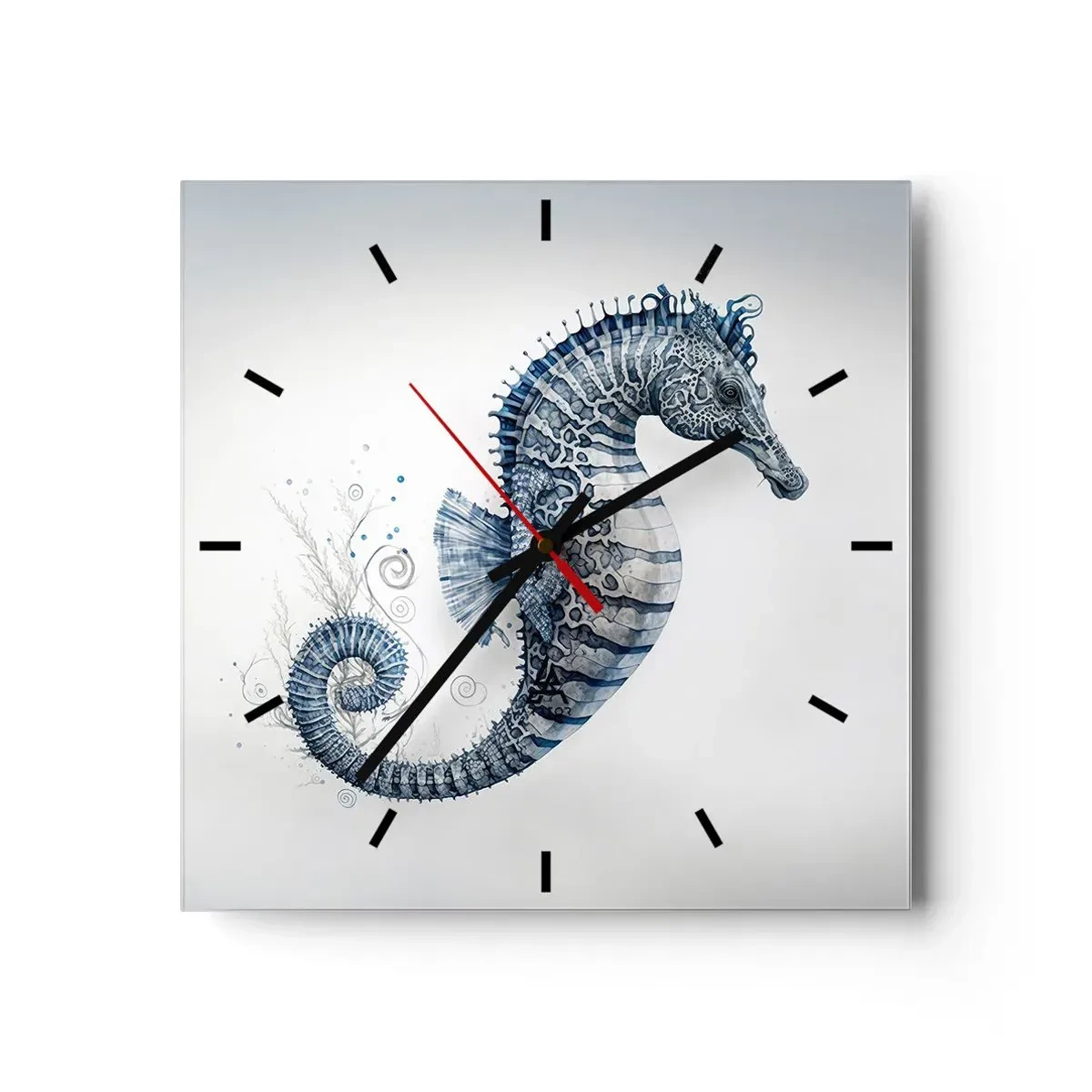 Horloge murale - Pendule murale - Hippocampe dans des tons de bleu avec des détails à l'aquarelle - 30x30cm - Une subtile plaisanterie de la nature - Décoration murale moderne pour le salon et la chambre ARTTOR