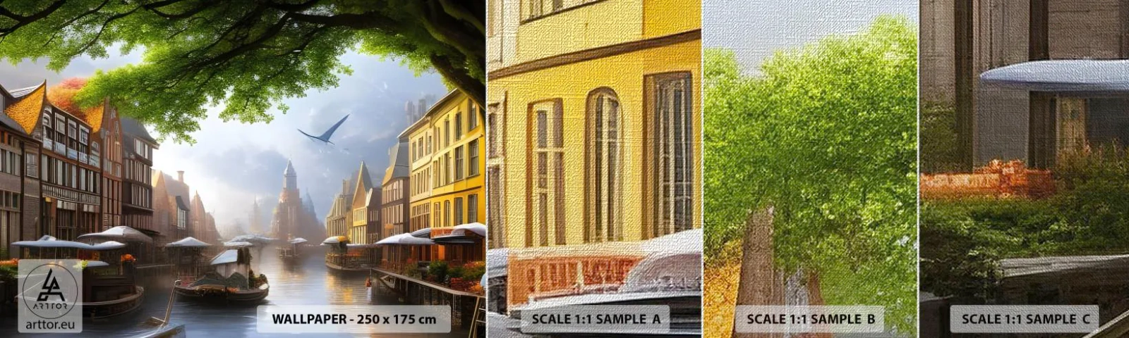 Échantillon de Papier Peint Premium Canvas - Paysage urbain néerlandais - Vieille ville, Bateaux, Canal - 100x30 cm