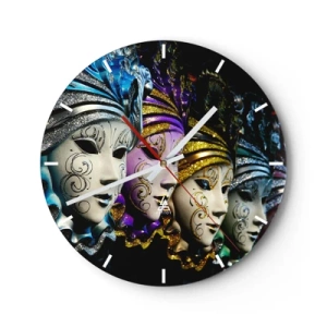 Horloge murale - Pendule murale - Masques de carnaval colorés avec des décorations pailletées - 30x30cm - Mystère en or et argent - Décoration murale moderne pour le salon, la cuisine et la chambre ARTTOR