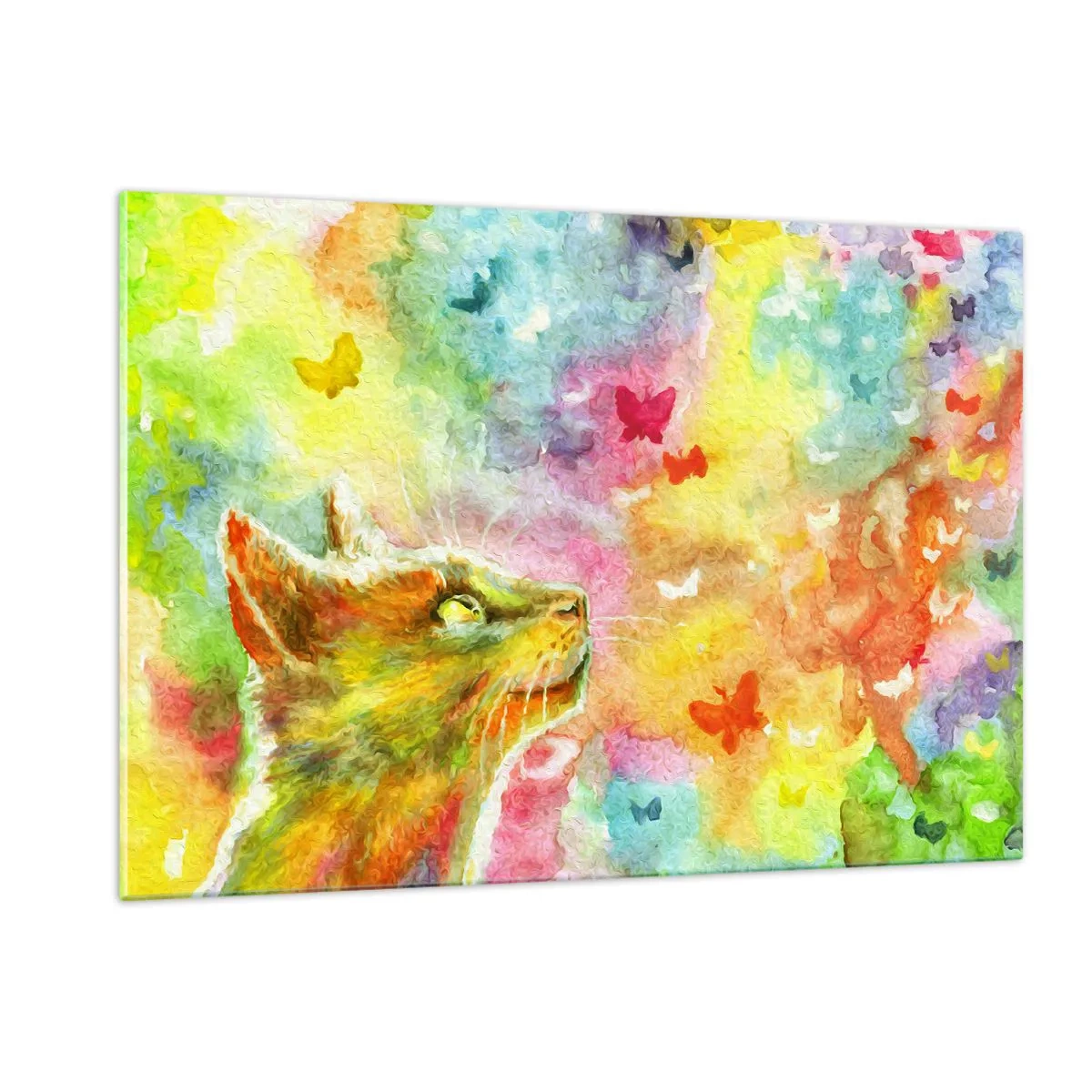 Impression sur verre - Image sur verre - Un chat observant des papillons colorés sur un fond pastel. - 120x80cm - Bayou-bayou au paradis des chats - Décoration murale moderne pour le salon et la chambre ARTTOR