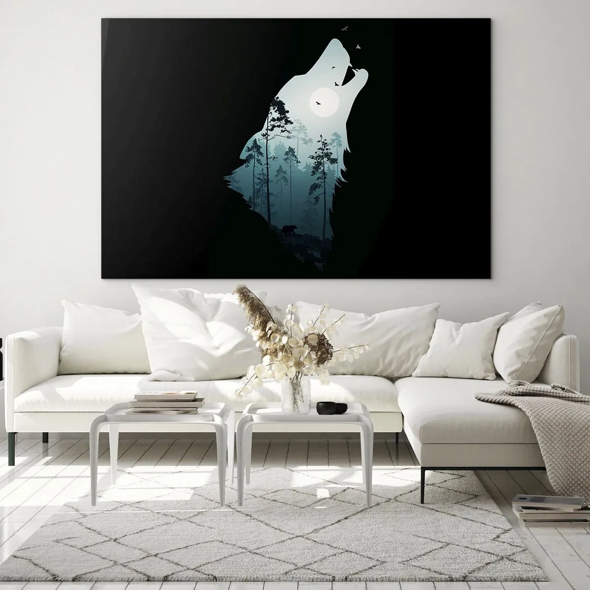 Impression sur verre - Image sur verre - Silhouette d'un loup avec une forêt et la lune en arrière-plan sur un fond noir - 70x50cm - La voix de nuit de la forêt - Décoration murale moderne pour le salon et la chambre ARTTOR