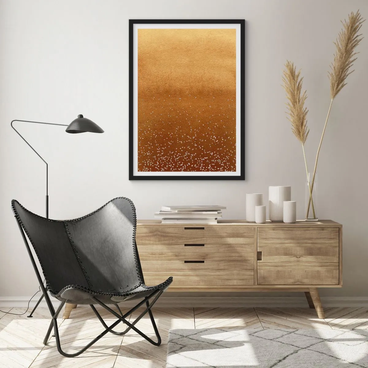 Affiche dans un cadre noir - Poster - Dégradé doré avec de minuscules éléments scintillants - 50x70cm - Origine du monde - Décoration murale moderne pour le salon et la chambre ARTTOR