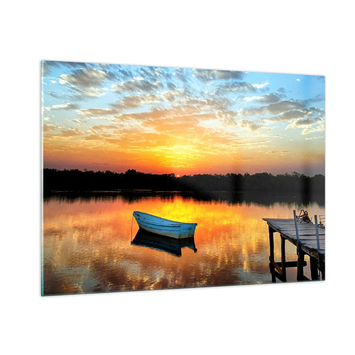 Impression sur verre - Image sur verre - Un bateau sur un lac calme sous les rayons du soleil couchant - 100x70cm - Regardez, écoutez, méditez - Décoration murale moderne pour le salon et la chambre ARTTOR
