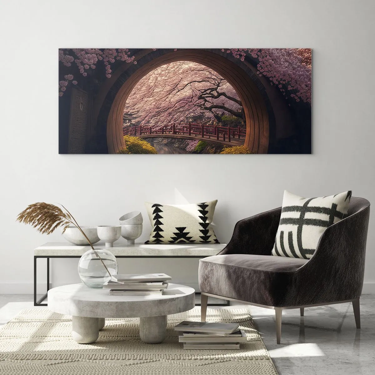 Impression sur verre - Image sur verre - Un pont japonais traditionnel entouré de fleurs de cerisier - 120x50cm - Printemps japonais - Décoration murale moderne pour le salon et la chambre ARTTOR