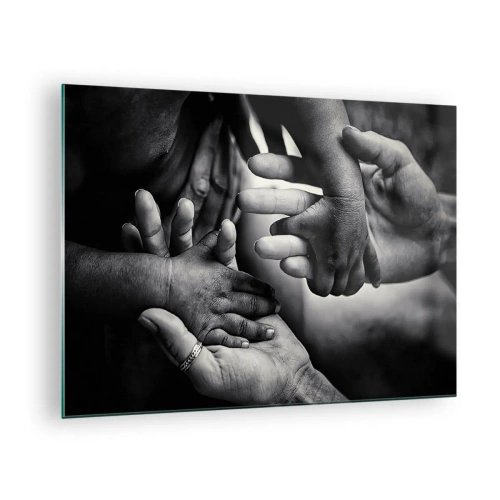Impression sur verre - Image sur verre - Poignée de main symbolique en noir et blanc de différentes générations - 70x50cm - Être humain - Décoration murale moderne pour le salon et la chambre ARTTOR