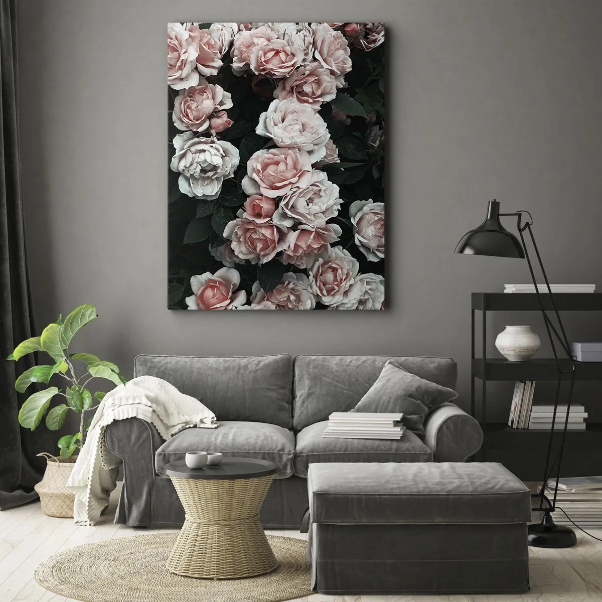 Impression sur toile - Image sur toile - Roses roses sur fond sombre dans une composition subtile - 50x70cm - Ensemble de rose - Décoration murale moderne pour le salon et la chambre ARTTOR