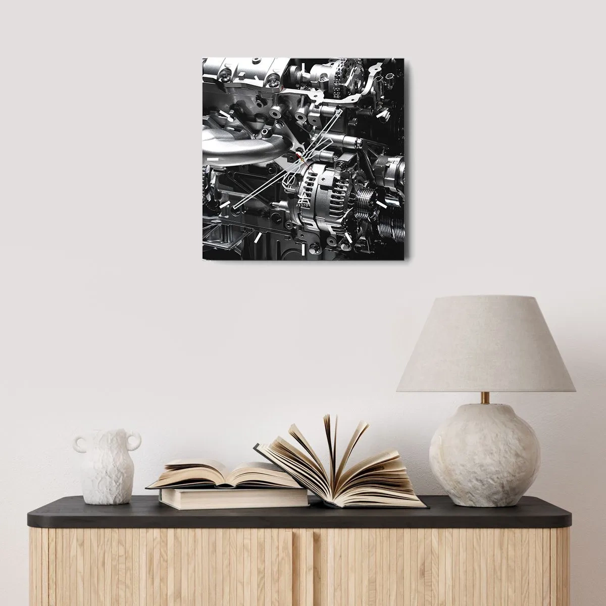 Horloge murale - Pendule murale - Gros plan de pièces de moteur en métal sur fond noir - 30x30cm - Acier, beau, fort - Décoration murale moderne pour le salon et la chambre ARTTOR