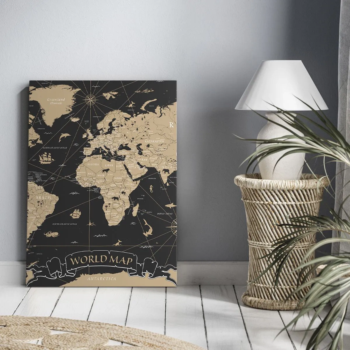 Impression sur toile - Image sur toile - Une carte du monde stylisée sur fond noir avec des accents beiges. - 50x70cm - Les limites de mon monde - Décoration murale moderne pour le salon et la chambre ARTTOR
