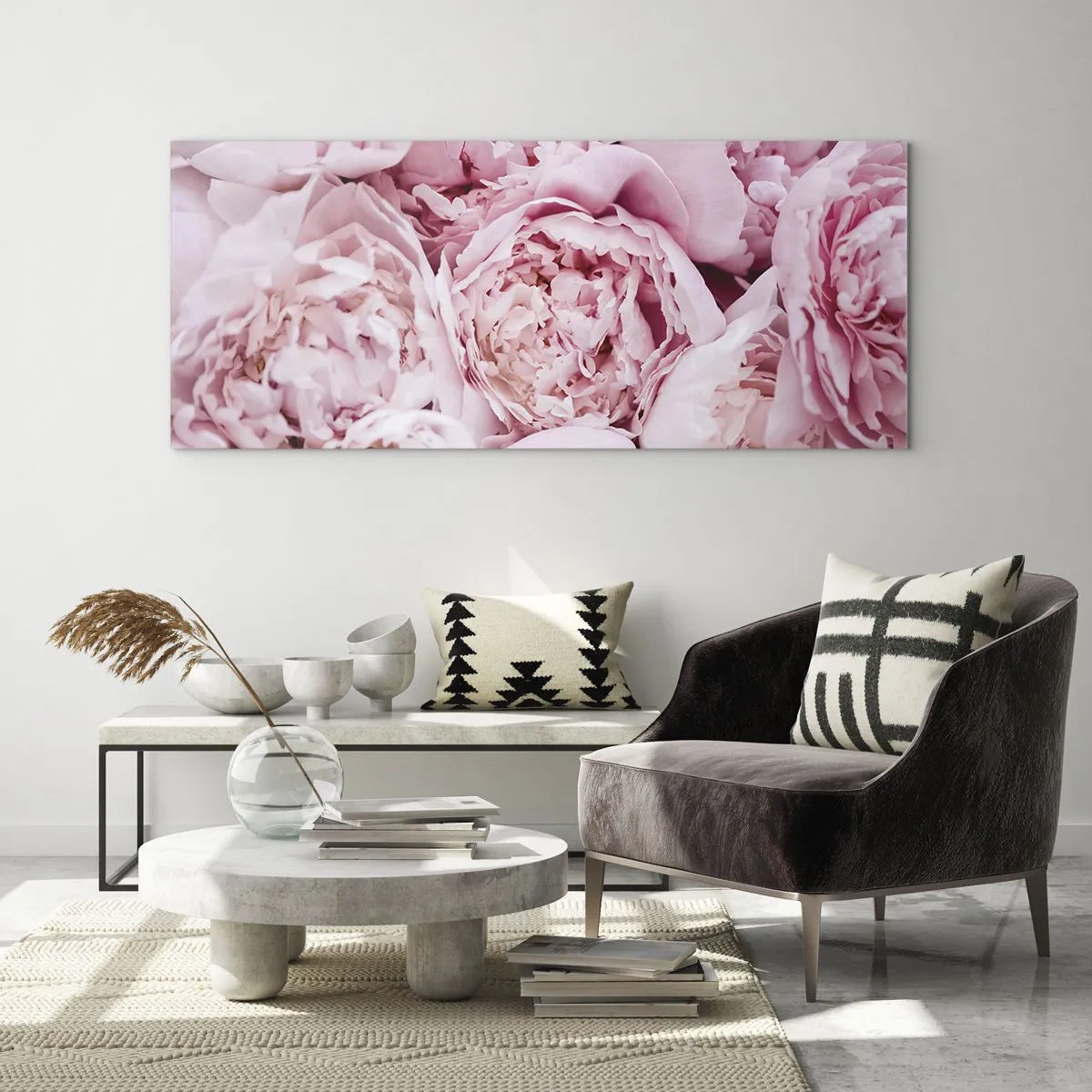 Impression sur verre - Image sur verre - Gros plan d'un bouquet de pivoines roses - 160x50cm - Caliné et parfumé - Décoration murale moderne pour le salon et la chambre ARTTOR
