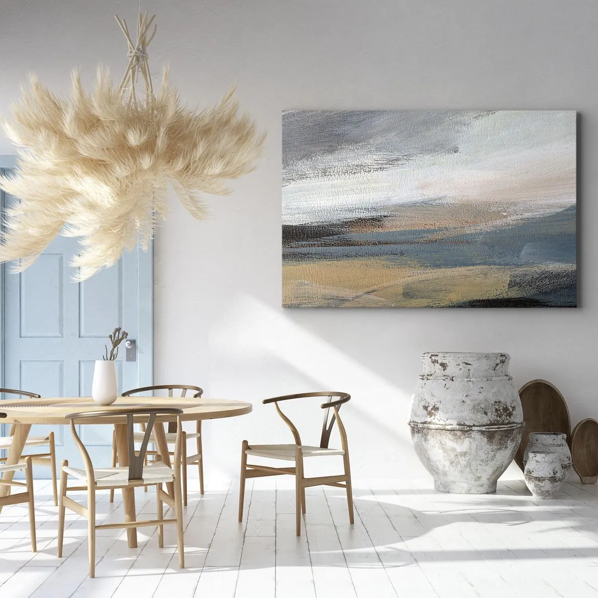 Impression sur toile - Image sur toile - Paysage abstrait dans des tons sobres de bleu et de beige - 70x50cm - Abstraction : paysage nordique - Décoration murale moderne pour le salon et la chambre ARTTOR