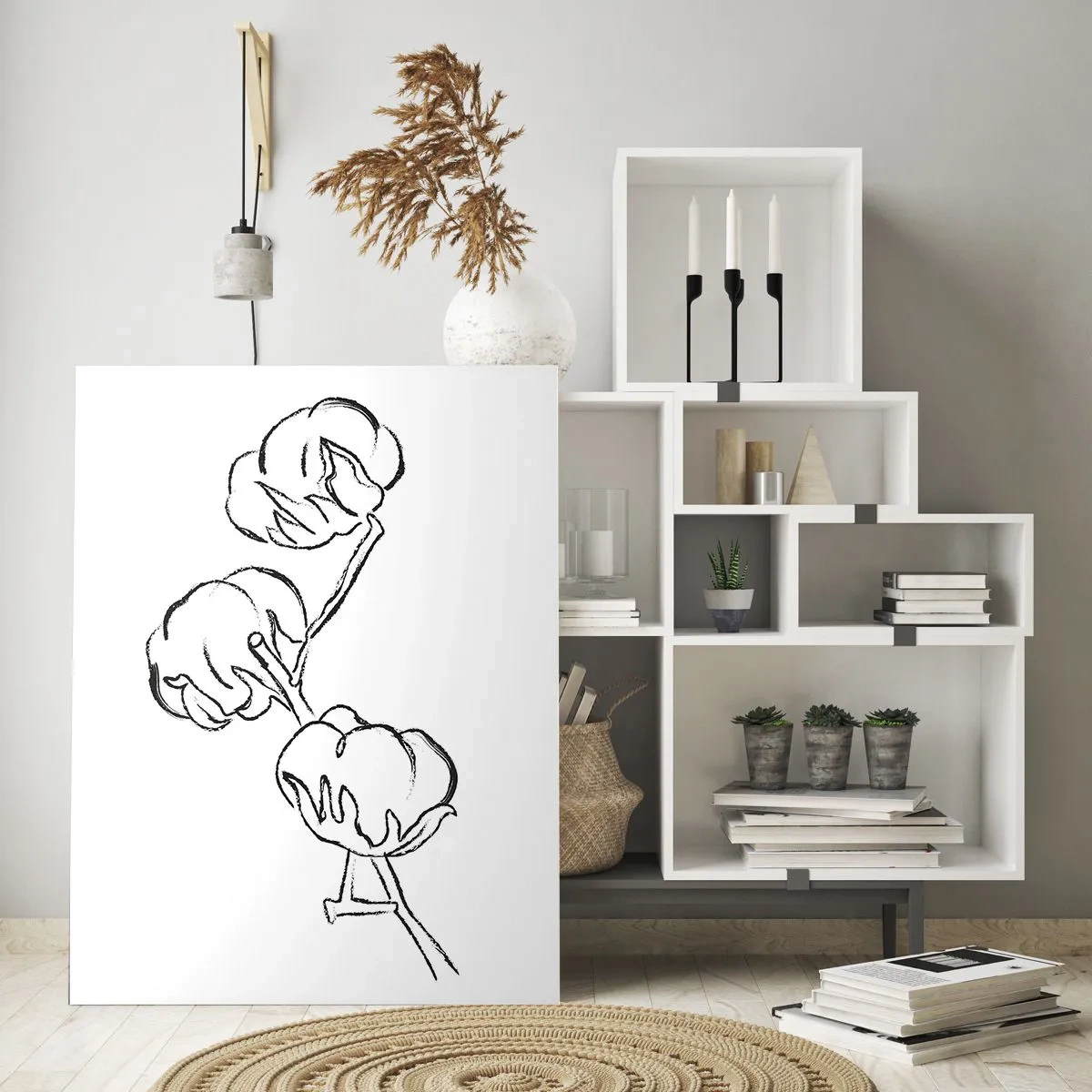 Impression sur verre - Image sur verre - Un contour délicat d'une branche de coton sur fond blanc - 80x120cm - Duvet de coton - Décoration murale moderne pour le salon et la chambre ARTTOR