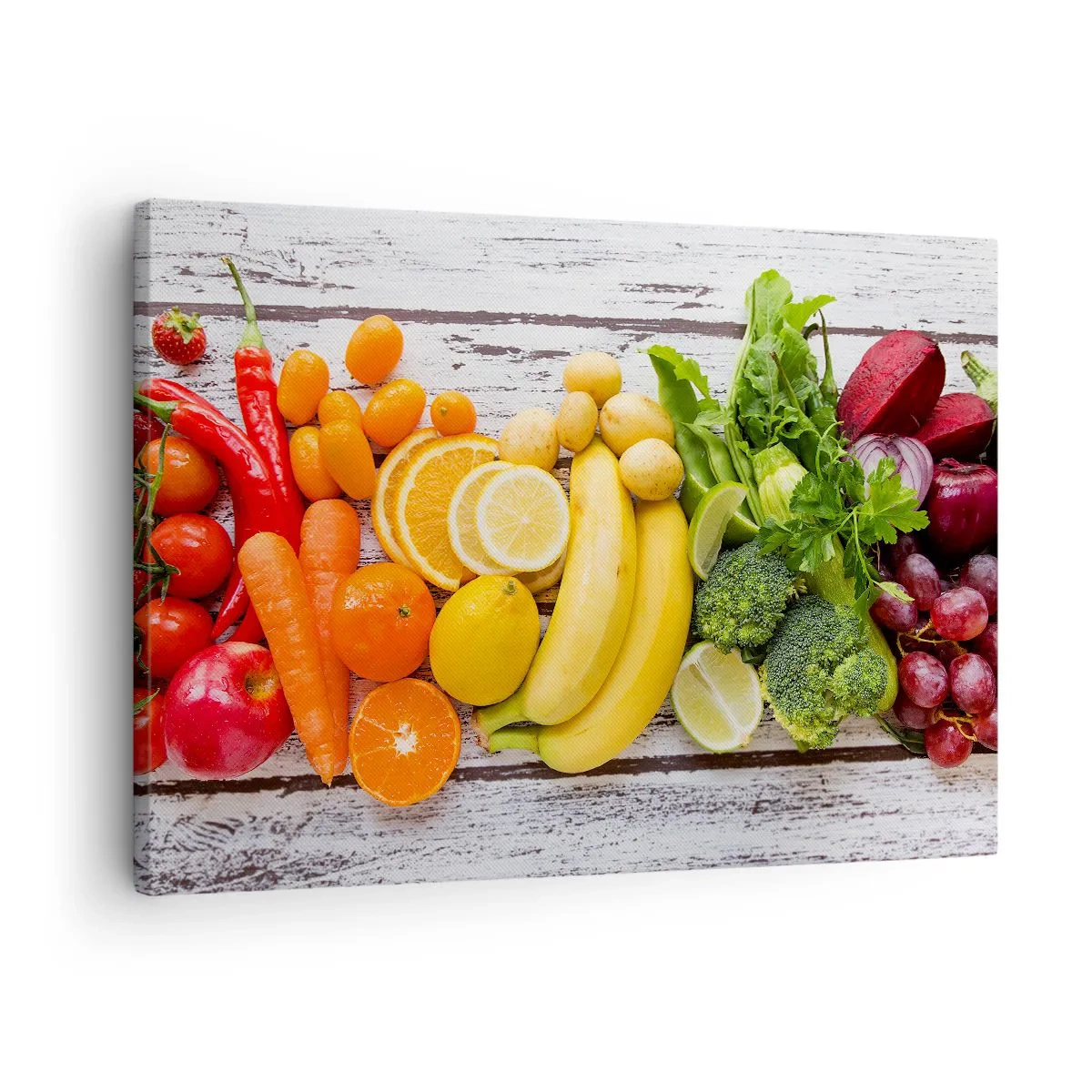 Impression sur toile - Image sur toile - Fruits et légumes colorés sur fond de bois - 70x50cm - Ce n'est pas suffisant? - Décoration murale moderne pour le salon et la chambre ARTTOR