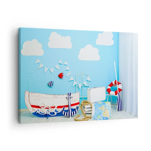 Impression sur toile - Image sur toile - Décoration nautique avec un bateau et des accessoires sur fond bleu - 70x50cm - Nostalgie infantile de l'aventure - Décoration murale moderne pour le salon et la chambre ARTTOR