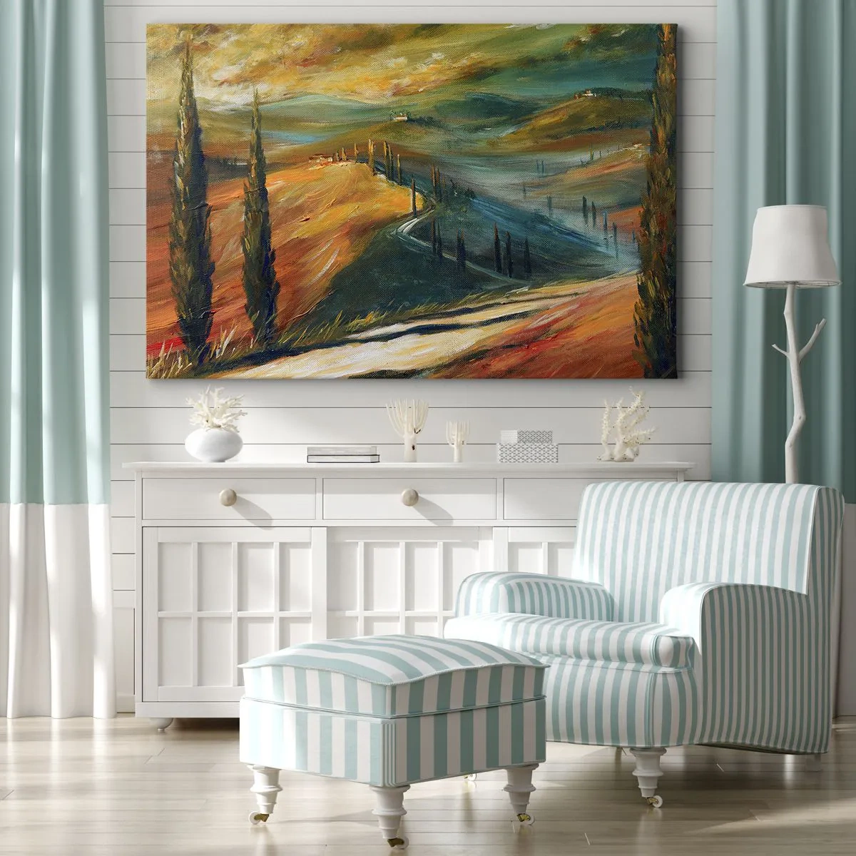 Impression sur toile - Image sur toile - Paysage toscan avec champs, route et cyprès - 70x50cm - paysage toscan - Décoration murale moderne pour le salon et la chambre ARTTOR
