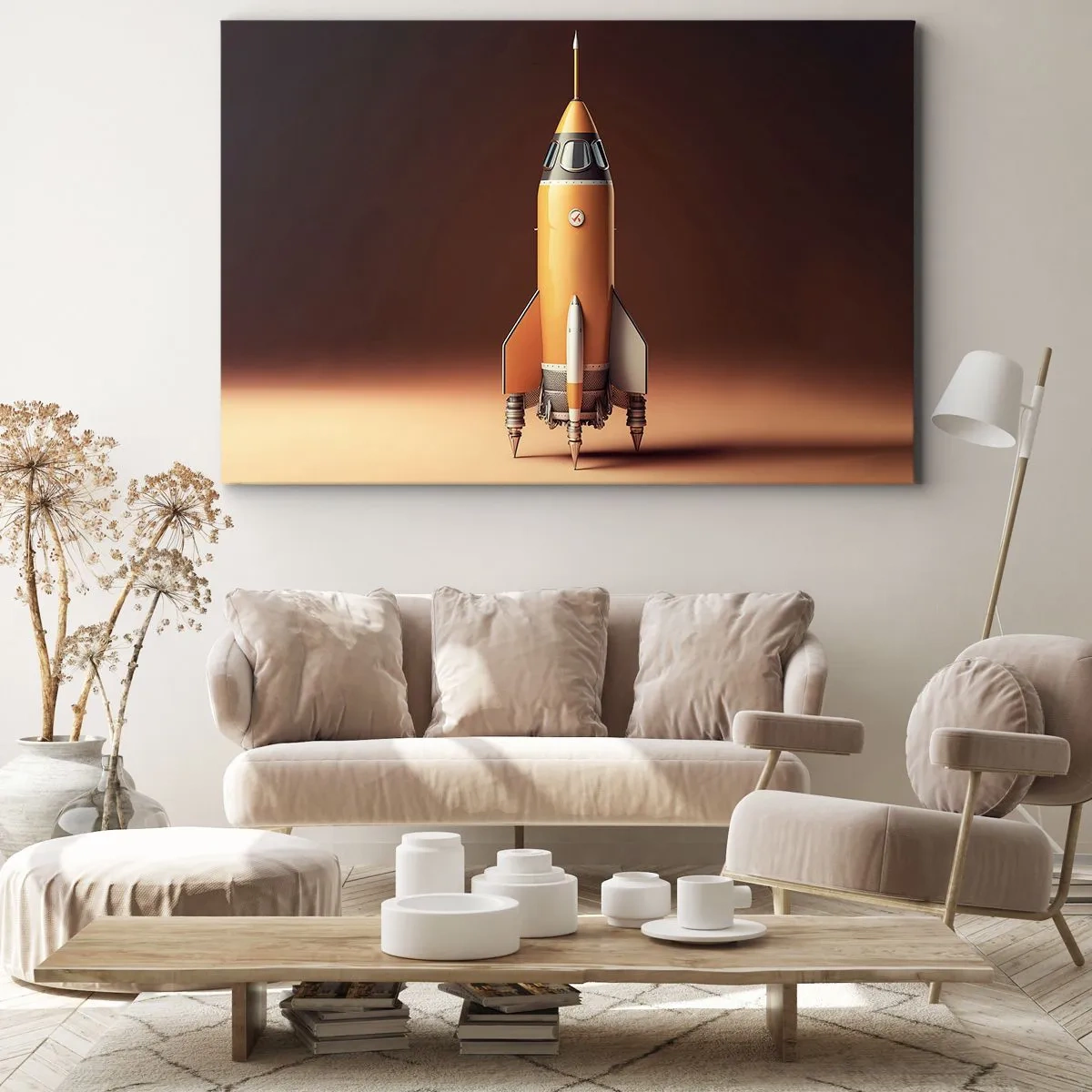 Impression sur toile - Image sur toile - Une fusée de style rétro sur un fond de tons marron - 120x80cm - Ça commence par un rêve - Décoration murale moderne pour le salon et la chambre ARTTOR