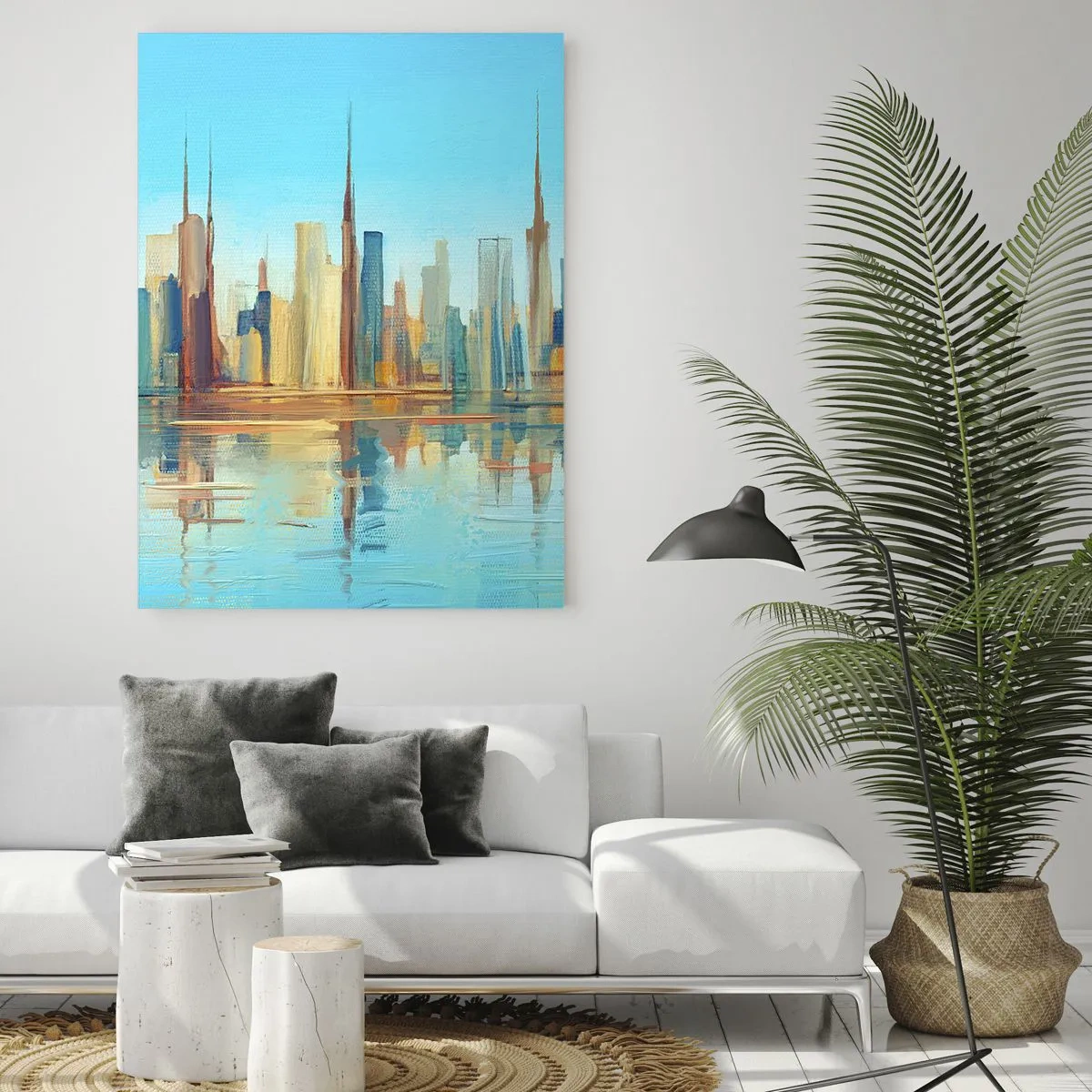 Impression sur verre - Image sur verre - Un panorama de la métropole reflété dans l'eau sous un ciel bleu - 50x70cm - Une métropole ensoleillée - Décoration murale moderne pour le salon et la chambre ARTTOR