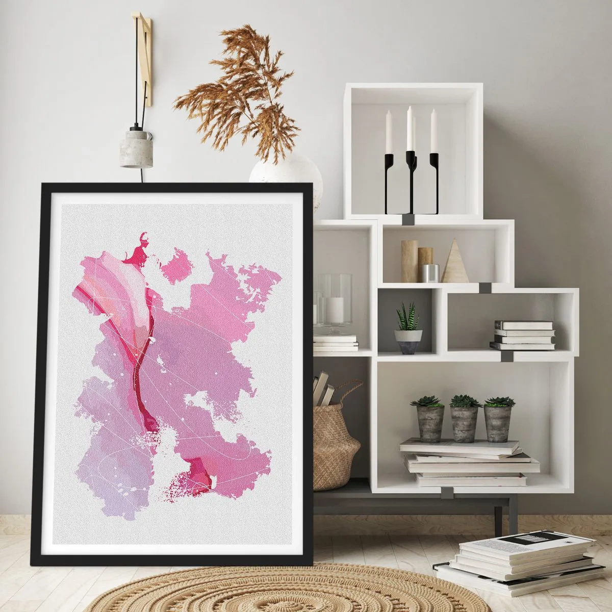 Affiche dans un cadre noir - Poster - Carte abstraite dans les tons de rose et de violet - 50x70cm - Carte du monde rose - Décoration murale moderne pour le salon et la chambre ARTTOR