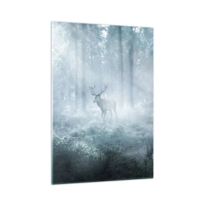 Impression sur verre - Image sur verre - Un cerf dans une forêt brumeuse illuminée par les rayons du soleil du matin - 50x70cm - Visite matinale du domaine - Décoration murale moderne pour le salon et la chambre ARTTOR