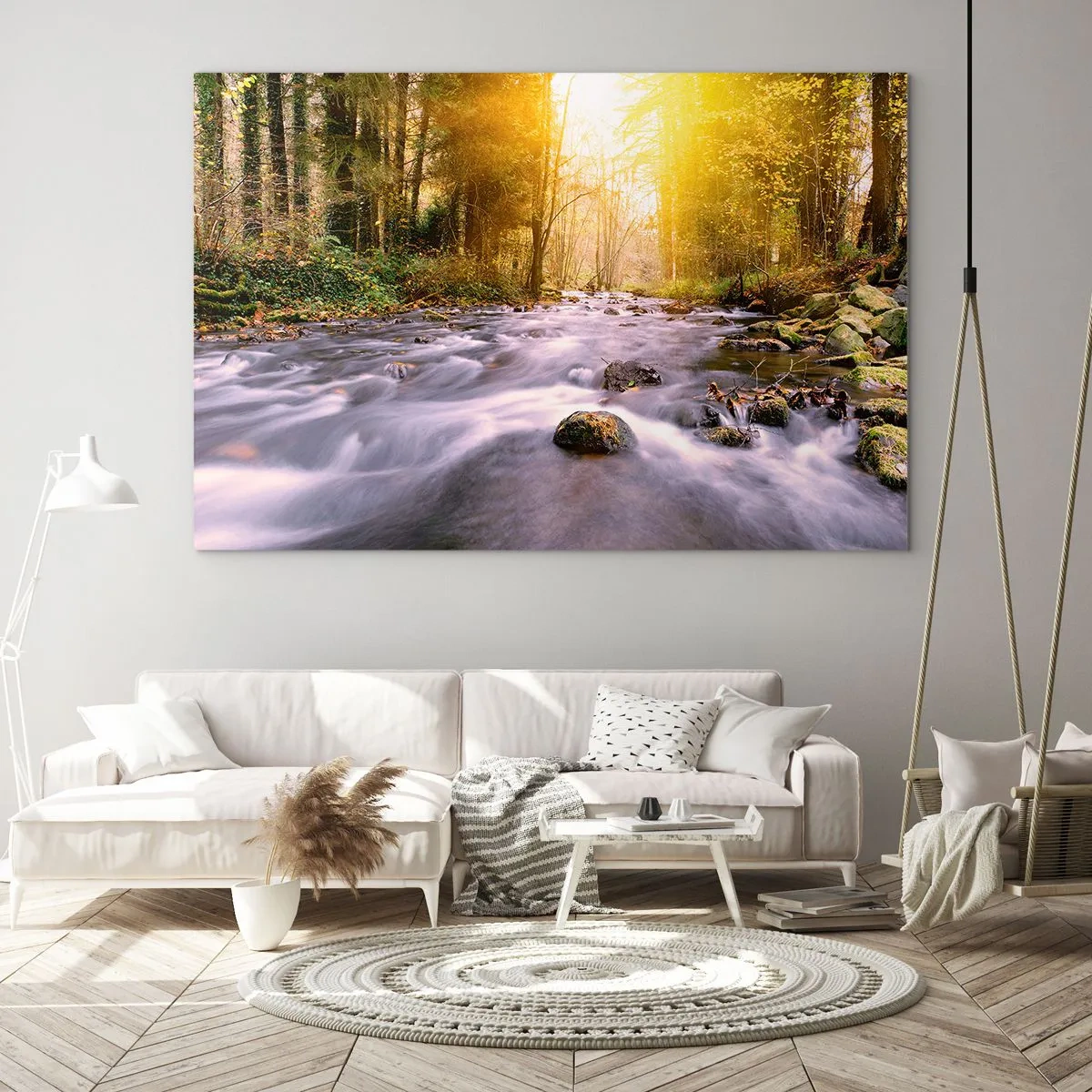 Impression sur verre - Image sur verre - Ruisseau forestier au soleil - 100x70cm - Malachite dans un cadre argent et or - Décoration murale moderne pour le salon et la chambre ARTTOR