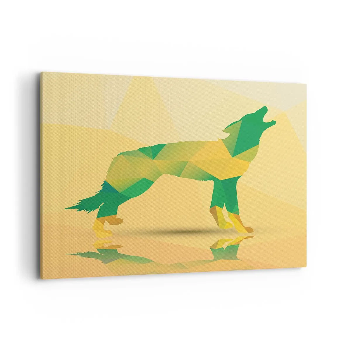 Impression sur toile - Image sur toile - Silhouette de loup géométrique dans les tons verts et jaunes - 100x70cm - Loup solitaire - Décoration murale moderne pour le salon et la chambre ARTTOR