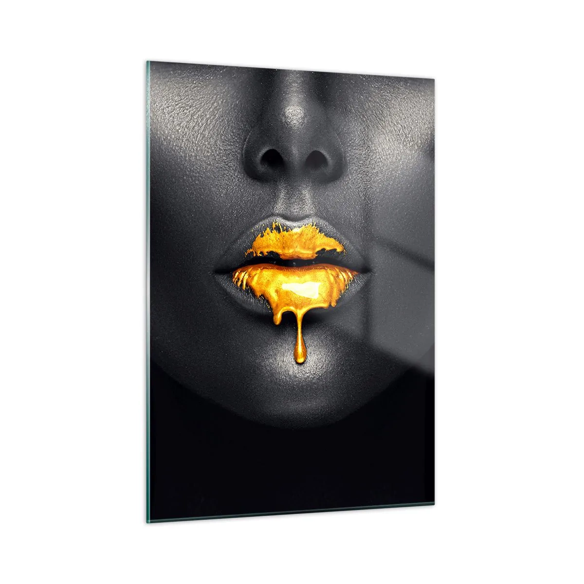 Impression sur verre - Image sur verre - Portrait noir et or d'une femme aux lèvres brillantes - 50x70cm - Bouche d'or - Décoration murale moderne pour le salon et la chambre ARTTOR