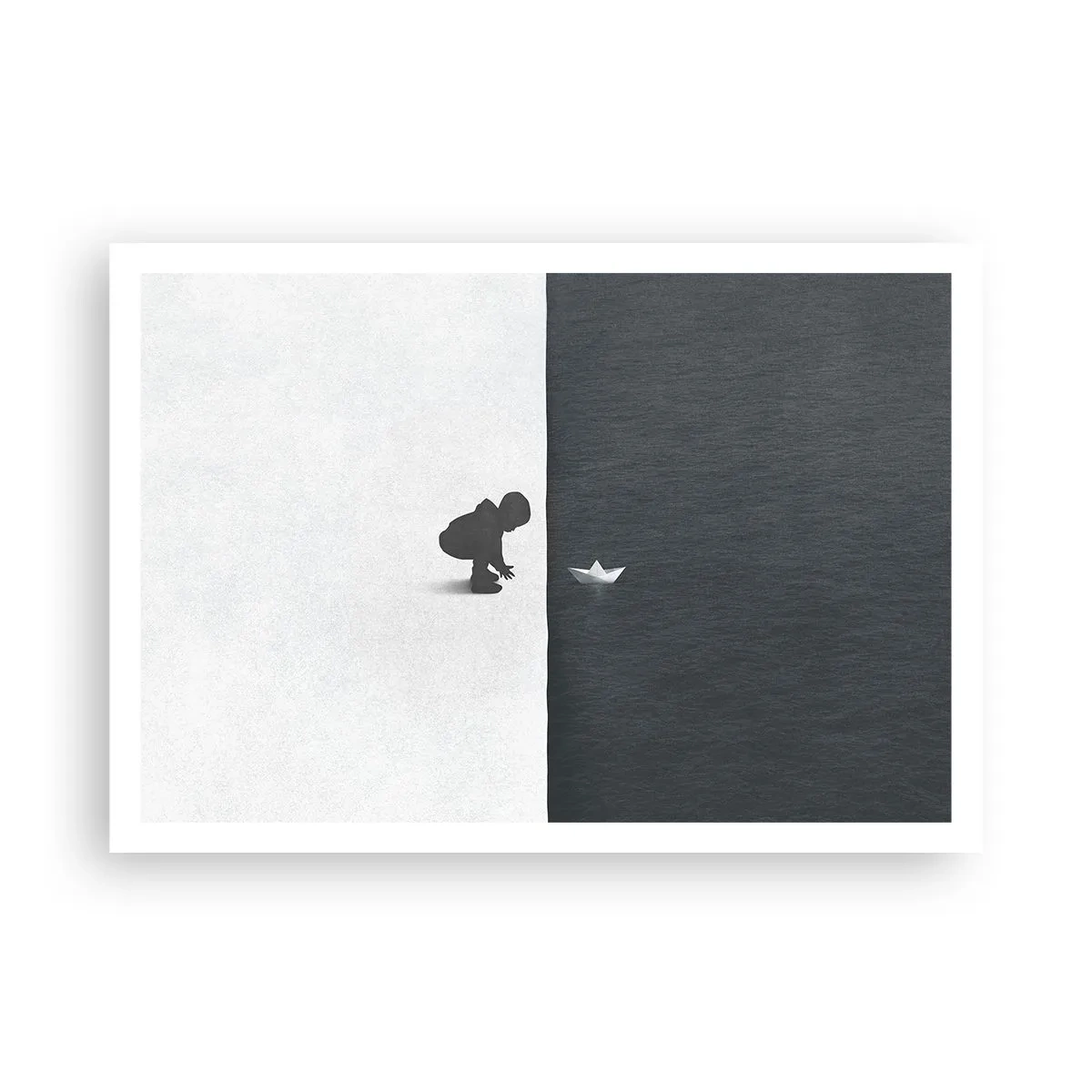 Affiche - Poster - Une figure d'enfant avec un bateau en papier sur un fond de moitiés contrastées - 100x70cm - Grande expédition - Décoration murale moderne pour le salon et la chambre ARTTOR