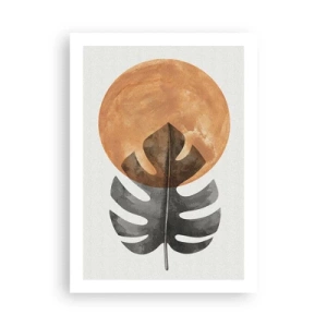Affiche - Poster - Une feuille de monstera sur un cercle orange chaud - 50x70cm - Toujours le soleil - Décoration murale moderne pour le salon et la chambre ARTTOR