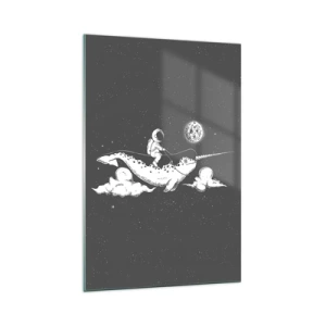 Impression sur verre - Image sur verre - Un astronaute sur le dos d'un narval flottant dans une scène spatiale. - 70x100cm - Cavalier de l'espace - Décoration murale moderne pour le salon et la chambre ARTTOR
