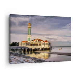 Impression sur toile - Image sur toile - Un bâtiment impressionnant avec un minaret sur l'eau entouré d'un paysage paisible - 70x50cm - Temple de la nature - Décoration murale moderne pour le salon et la chambre ARTTOR