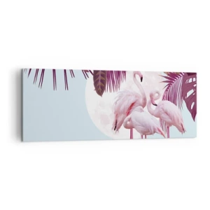 Impression sur toile - Image sur toile - Flamants roses sur fond de lune et de feuilles tropicales - 140x50cm - Trois oiseaux gracieux - Décoration murale moderne pour le salon et la chambre ARTTOR