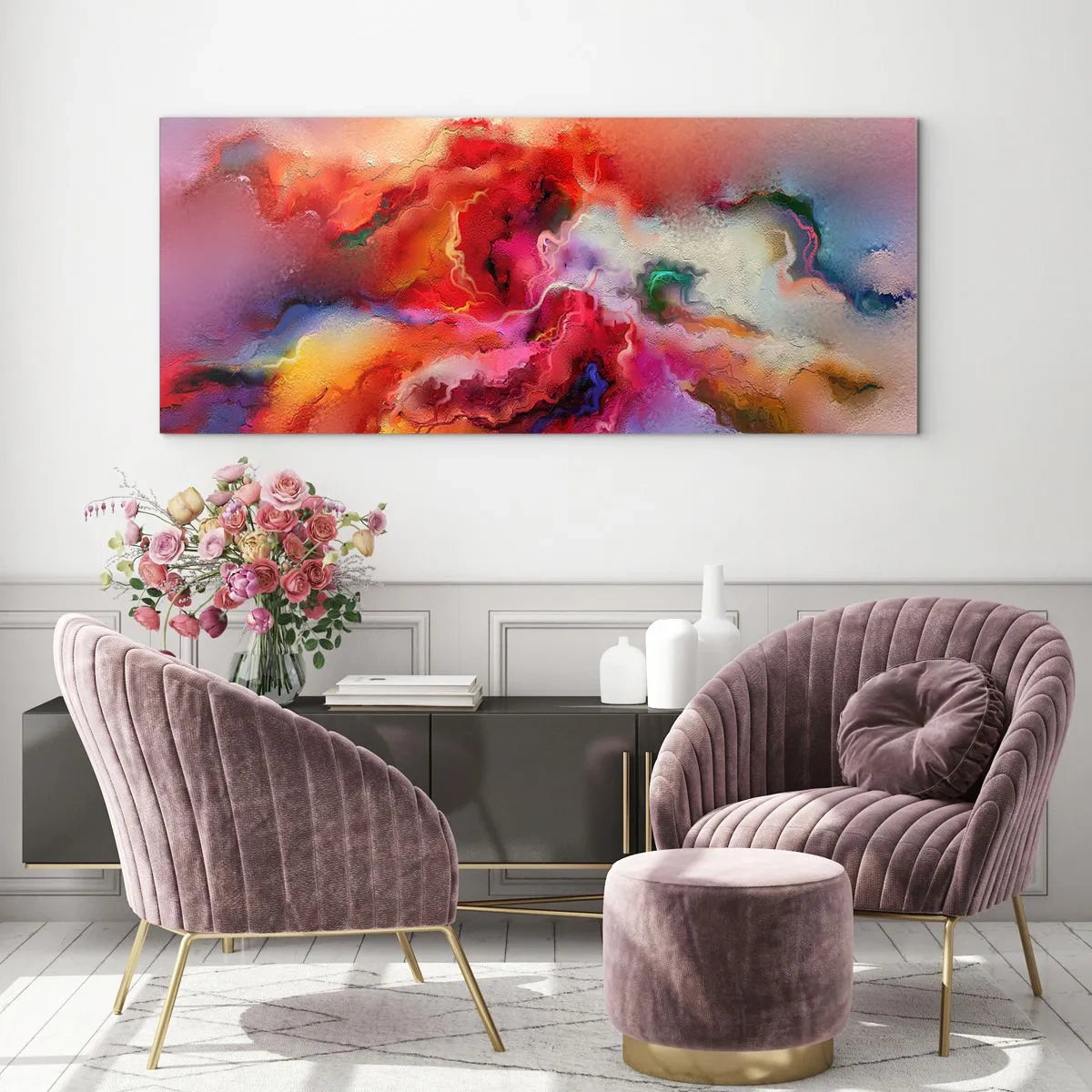 Impression sur verre - Image sur verre - Abstraction colorée avec une composition dynamique - 140x50cm - Comment attraper des rêves - fumée - Décoration murale moderne pour le salon et la chambre ARTTOR