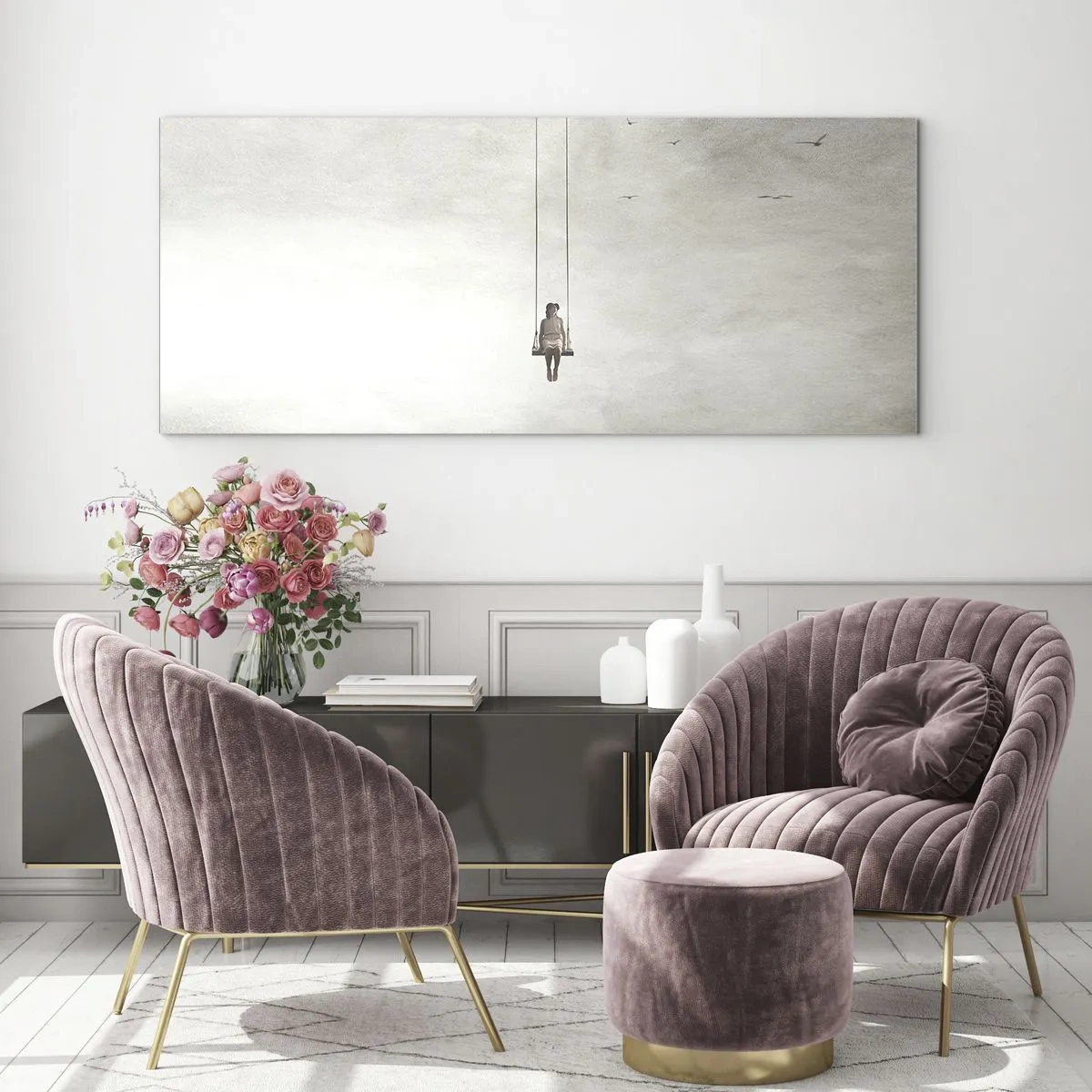 Impression sur verre - Image sur verre - Une figure sur une balançoire suspendue dans l'espace - 160x50cm - Enfant en nous - Décoration murale moderne pour le salon et la chambre ARTTOR