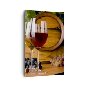 Impression sur toile - Image sur toile - Verres de vin avec des raisins, un tonneau et des bouteilles sur une table en bois - 80x120cm - Comme les vieux maîtres - Décoration murale moderne pour le salon et la chambre ARTTOR