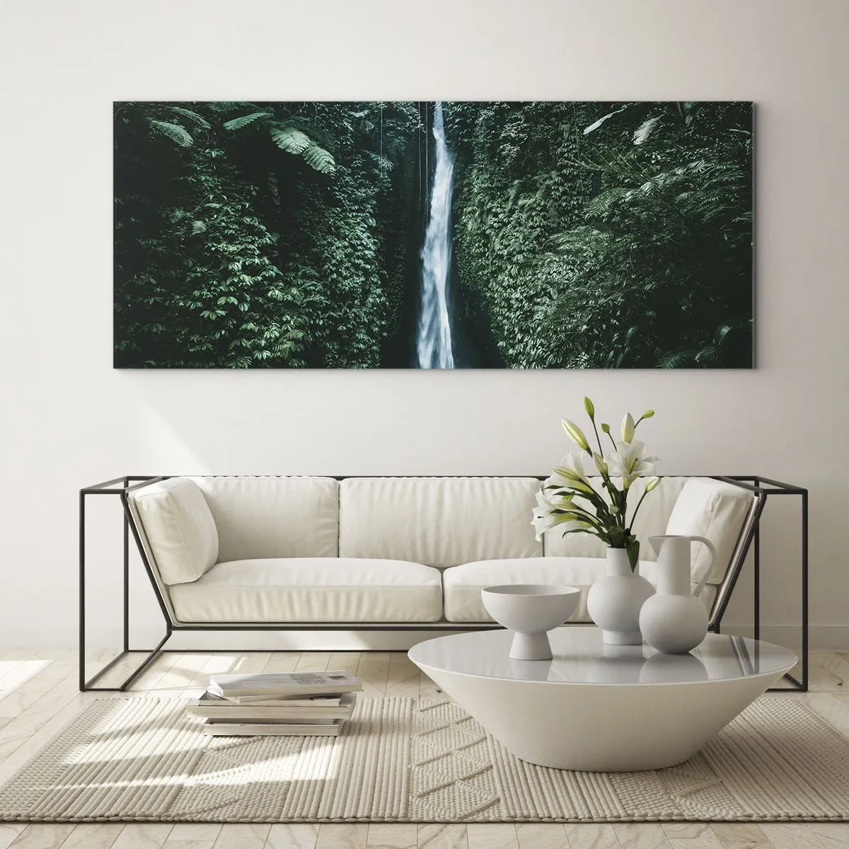 Impression sur verre - Image sur verre - Une cascade entourée d'une végétation tropicale dense - 120x50cm - Fontaine tropicale - Décoration murale moderne pour le salon et la chambre ARTTOR