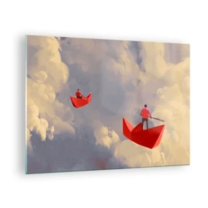 Impression sur verre - Image sur verre - Deux personnes dans des bateaux rouges contre un ciel nuageux - 70x50cm - Expédition des Rêveurs - Décoration murale moderne pour le salon et la chambre ARTTOR