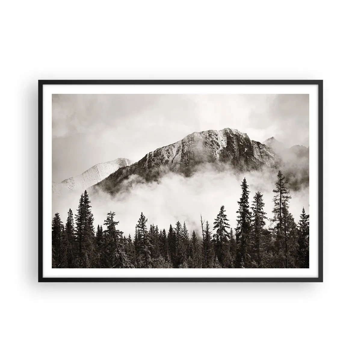 Affiche dans un cadre noir - Poster - Un sommet de montagne pittoresque entouré de brouillard et d'une forêt aux tons sépia - 100x70cm - Seigneur de granite - Décoration murale moderne pour le salon et la chambre ARTTOR