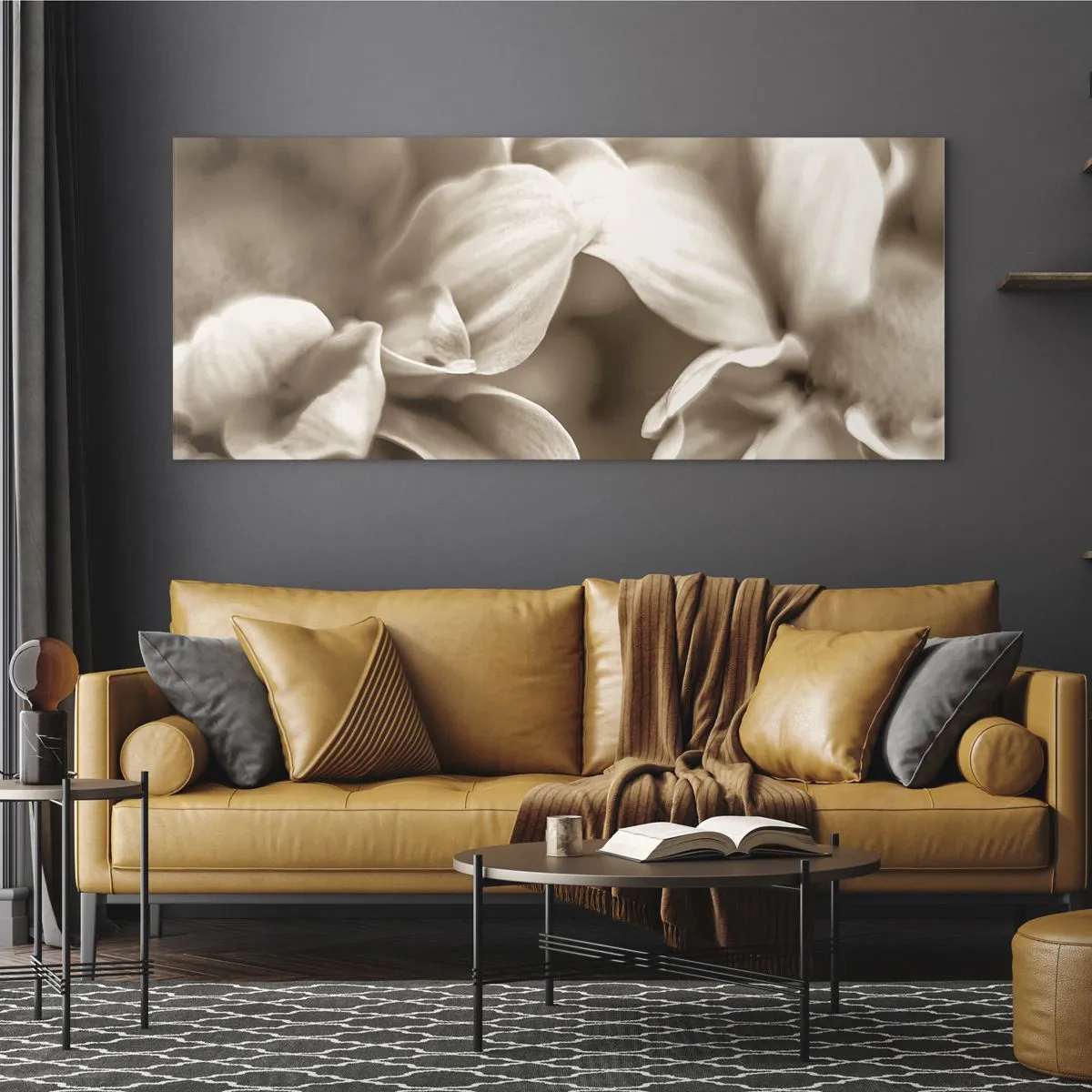 Impression sur verre - Image sur verre - Gros plan de fleurs dans un ton sépia délicat avec des contours doux - 120x50cm - Doux comme un sourire - Décoration murale moderne pour le salon et la chambre ARTTOR