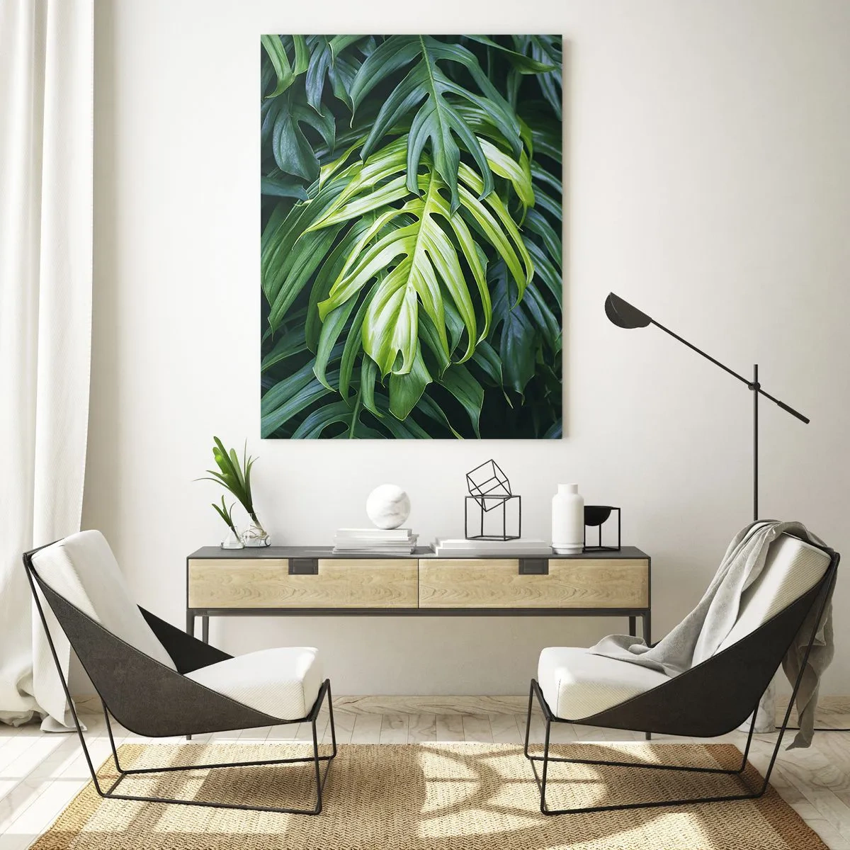 Impression sur verre - Image sur verre - Feuilles vertes dans un arrangement tropical dense - 80x120cm - Immergez-vous dans la fraîcheur - Décoration murale moderne pour le salon et la chambre ARTTOR