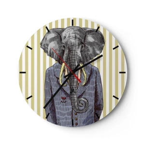 Horloge murale - Pendule murale - Un dessin élégant d'un éléphant en costume sur un fond de rayures verticales. - 30x30cm - Élégant par nature - Décoration murale moderne pour le salon, la cuisine et la chambre ARTTOR