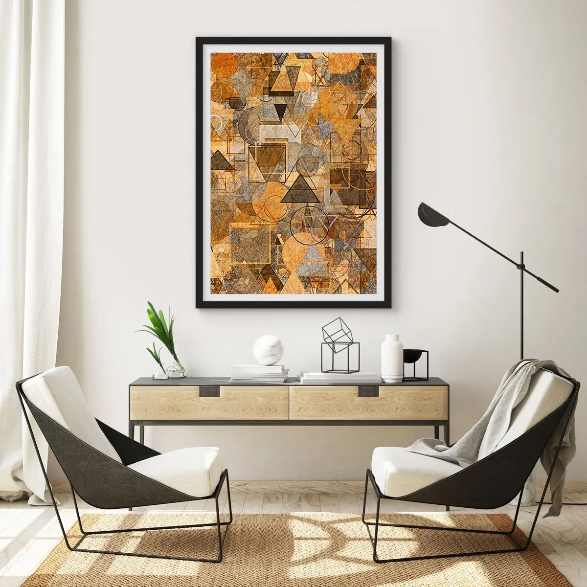 Affiche dans un cadre noir - Poster - Composition géométrique abstraite dorée - 50x70cm - Le monde en forme - Décoration murale moderne pour le salon et la chambre ARTTOR