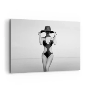 Impression sur toile - Image sur toile - Silhouette noire et blanche d'une femme portant un chapeau sur fond de mer - 100x70cm - Mon prénom? Élégance - Décoration murale moderne pour le salon et la chambre ARTTOR