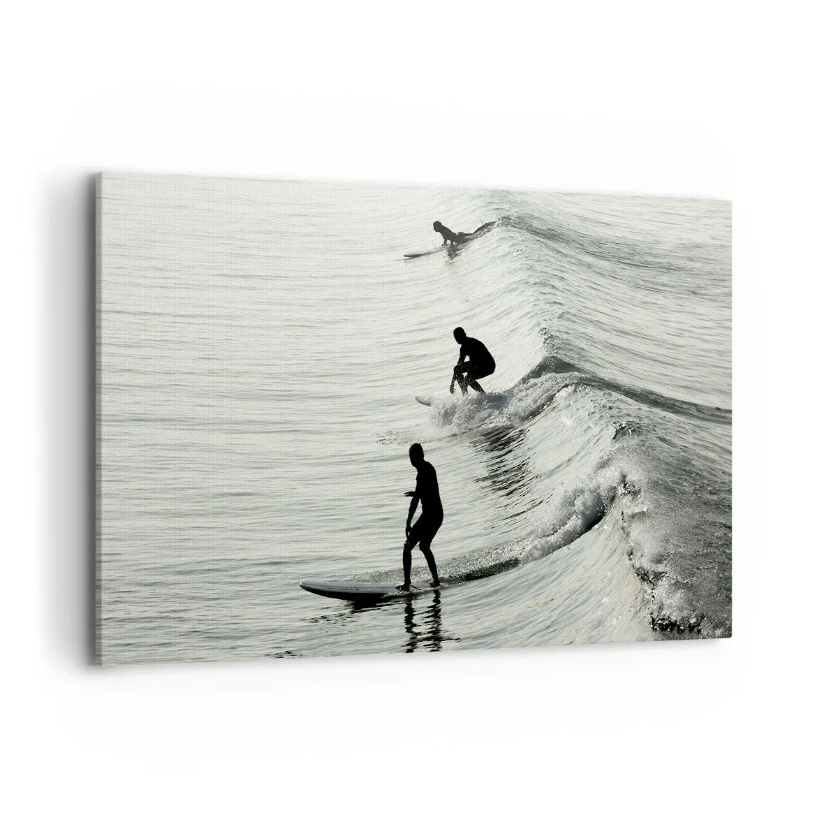 Impression sur toile - Image sur toile - Surfeurs sur les vagues dans une photo monochrome - 120x80cm - A la rencontre de la vague - Décoration murale moderne pour le salon et la chambre ARTTOR