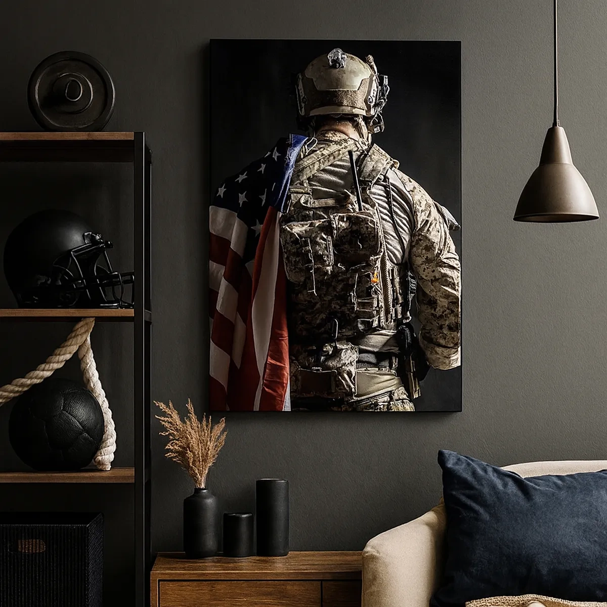 Impression sur toile - Image sur toile - Un soldat en uniforme avec un drapeau sur un fond sombre - 50x70cm - C'est exactement pour ça - Décoration murale moderne pour le salon et la chambre ARTTOR
