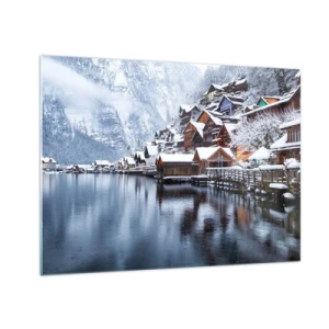 Impression sur verre - Image sur verre - Un village de montagne au bord d'un lac, recouvert de neige dans un paysage hivernal - 70x50cm - En décoration hivernale - Décoration murale moderne pour le salon et la chambre ARTTOR