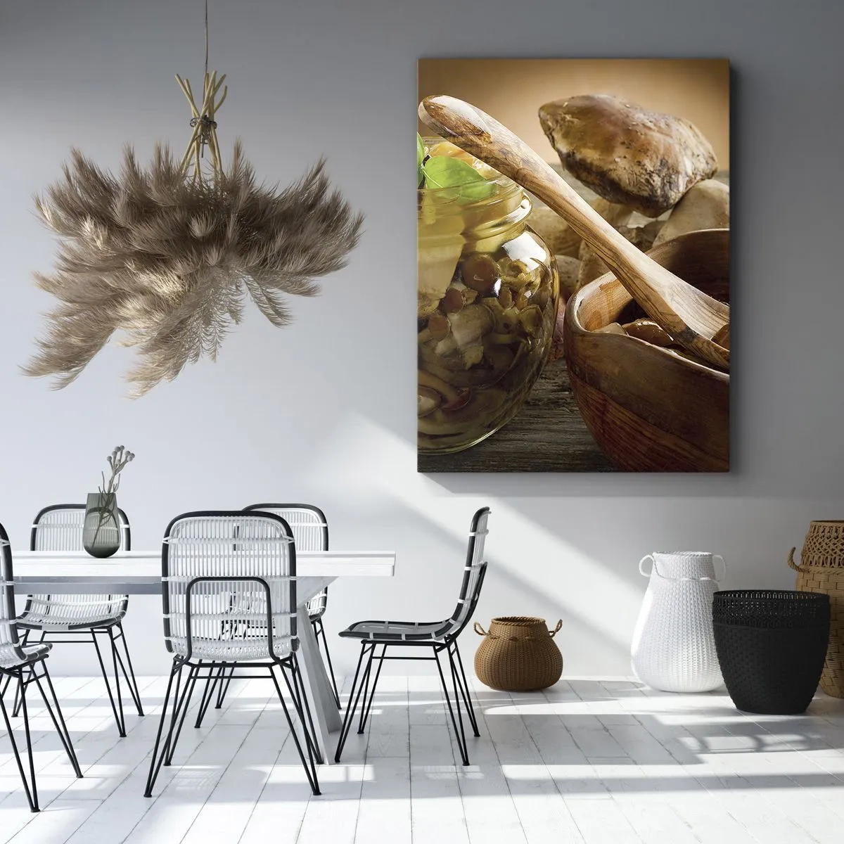 Impression sur toile - Image sur toile - Champignons naturels dans un bocal sur une table rustique - 50x70cm - Que ce soit frais ou salé, ou en automne... - Décoration murale moderne pour le salon et la chambre ARTTOR