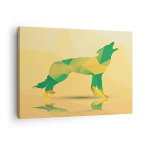 Impression sur toile - Image sur toile - Silhouette de loup géométrique dans les tons verts et jaunes - 70x50cm - Loup solitaire - Décoration murale moderne pour le salon et la chambre ARTTOR