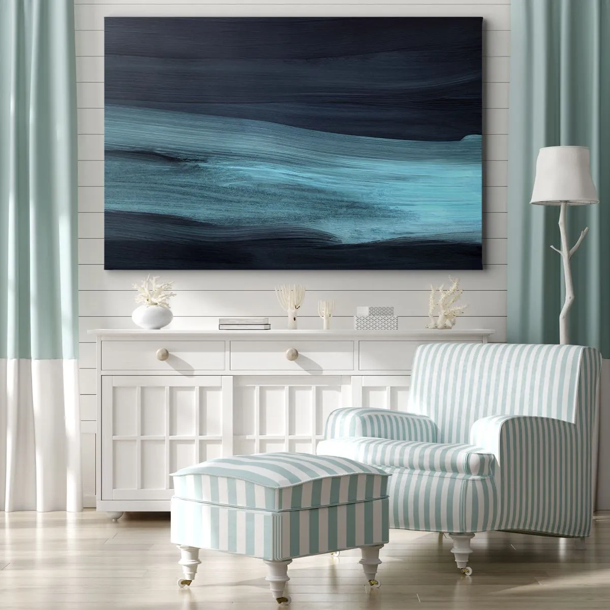 Impression sur toile - Image sur toile - De subtiles vagues abstraites dans des tons bleus foncés - 70x50cm - Suivez le courant - Décoration murale moderne pour le salon et la chambre ARTTOR